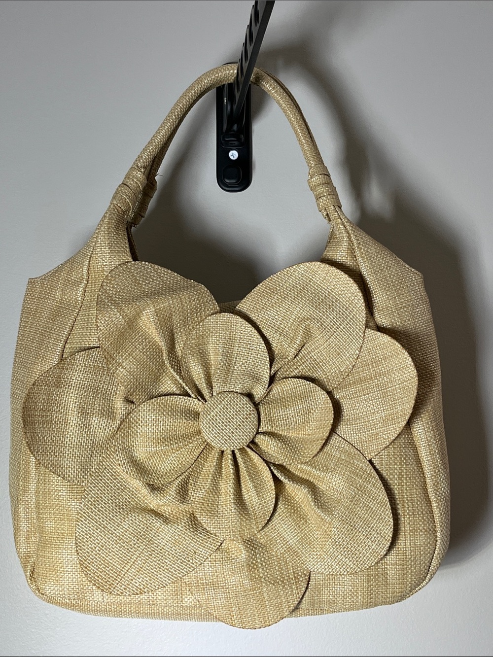 Statement Flower Satchel Textured Weave  Camel